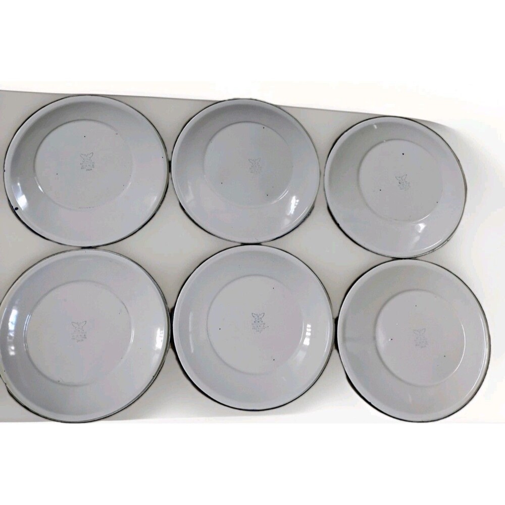 Vintage Chinese Enamelware Blue White Koi Carp Fish Metal Dinner Plates Set of 6 - Picture 2 of 4